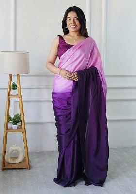 Purple Embroidered Chinon Saree Set