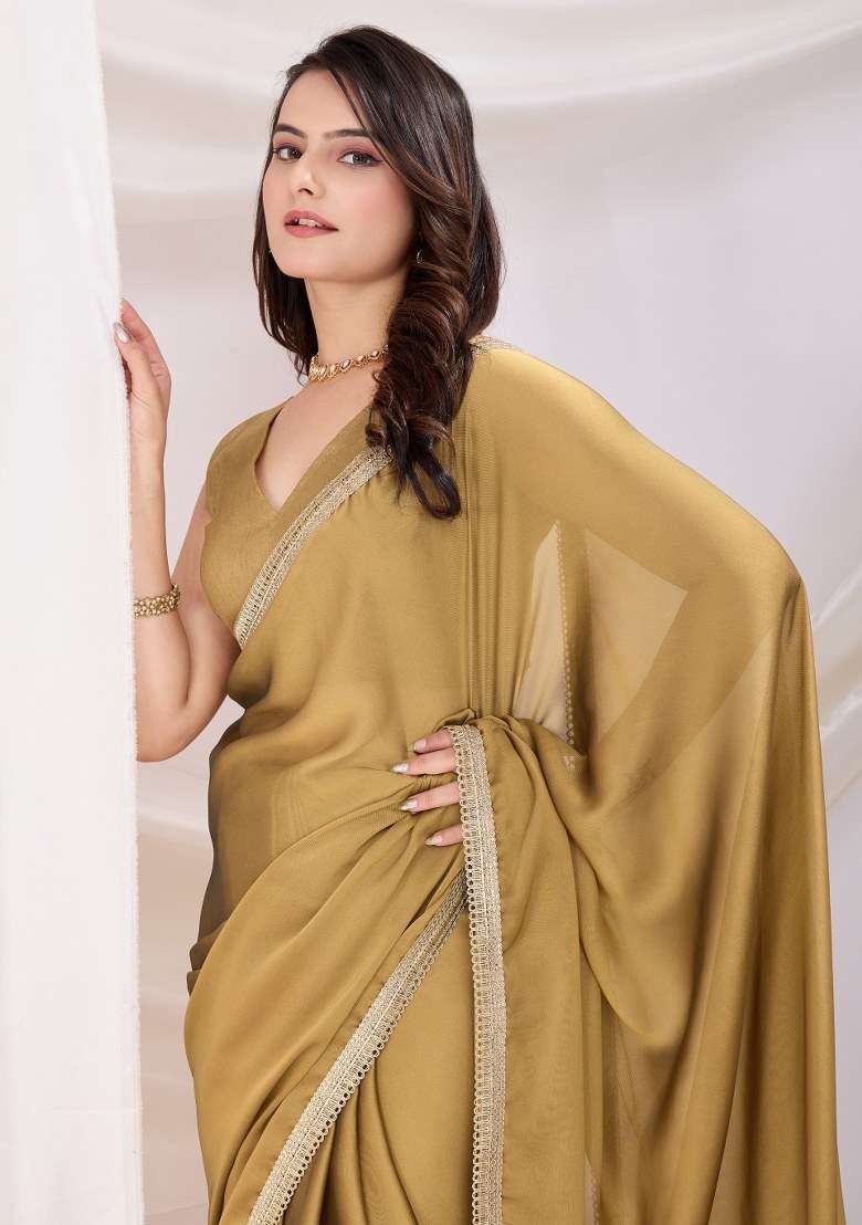 Brown Embroidered Silk Saree Set - Indya