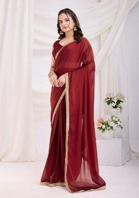 Maroon Embroidered Silk Saree Set