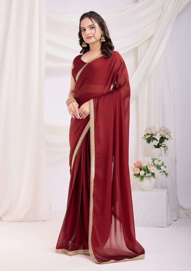 Maroon Embroidered Silk Saree Set - Indya