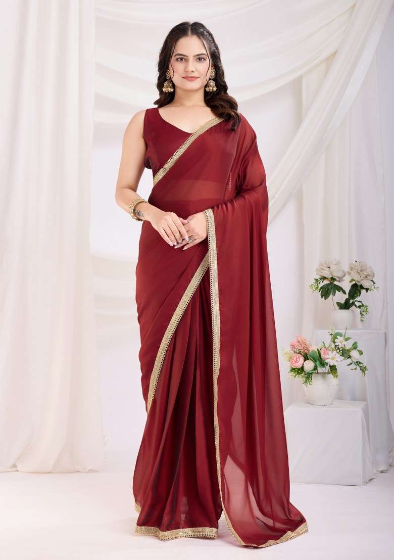 Maroon Embroidered Silk Saree Set - Indya