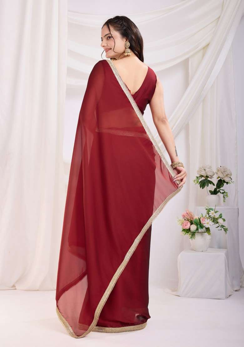 Maroon Embroidered Silk Saree Set - Indya