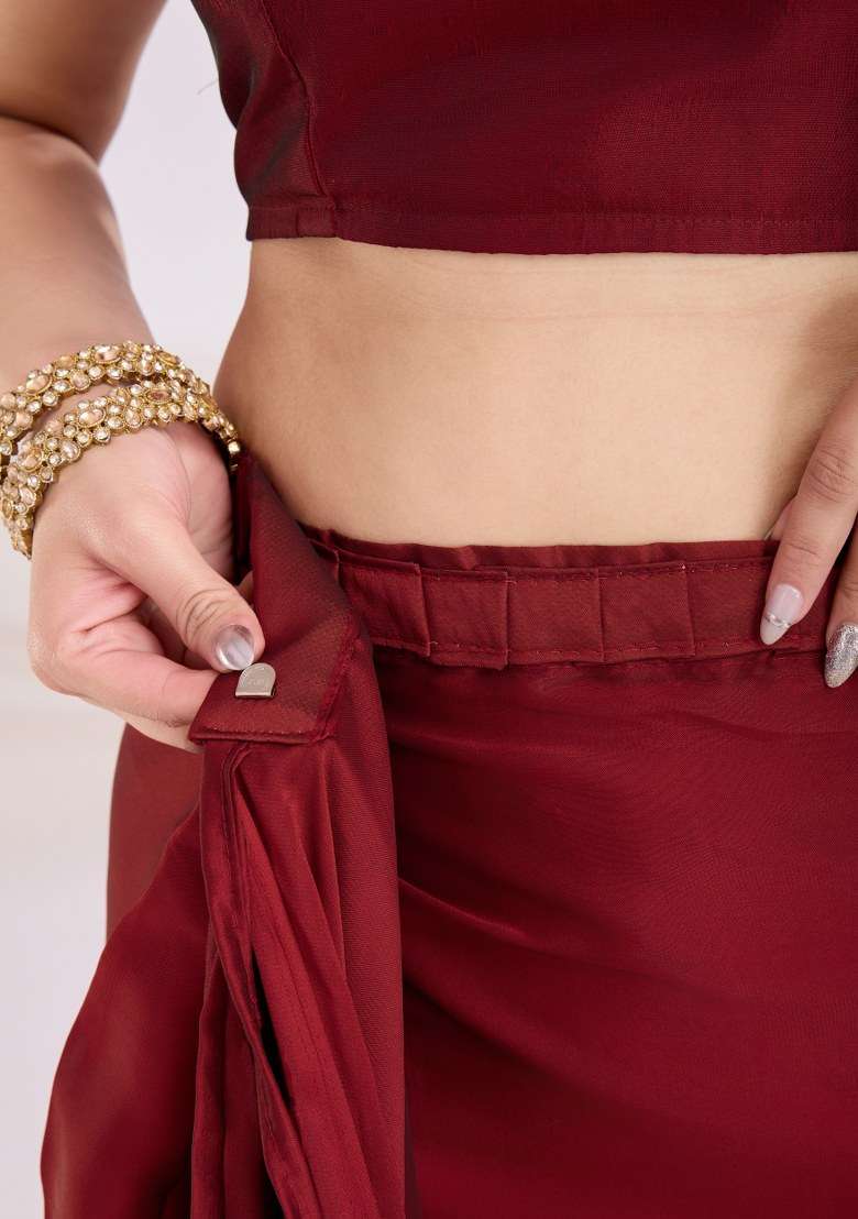 Maroon Embroidered Silk Saree Set - Indya