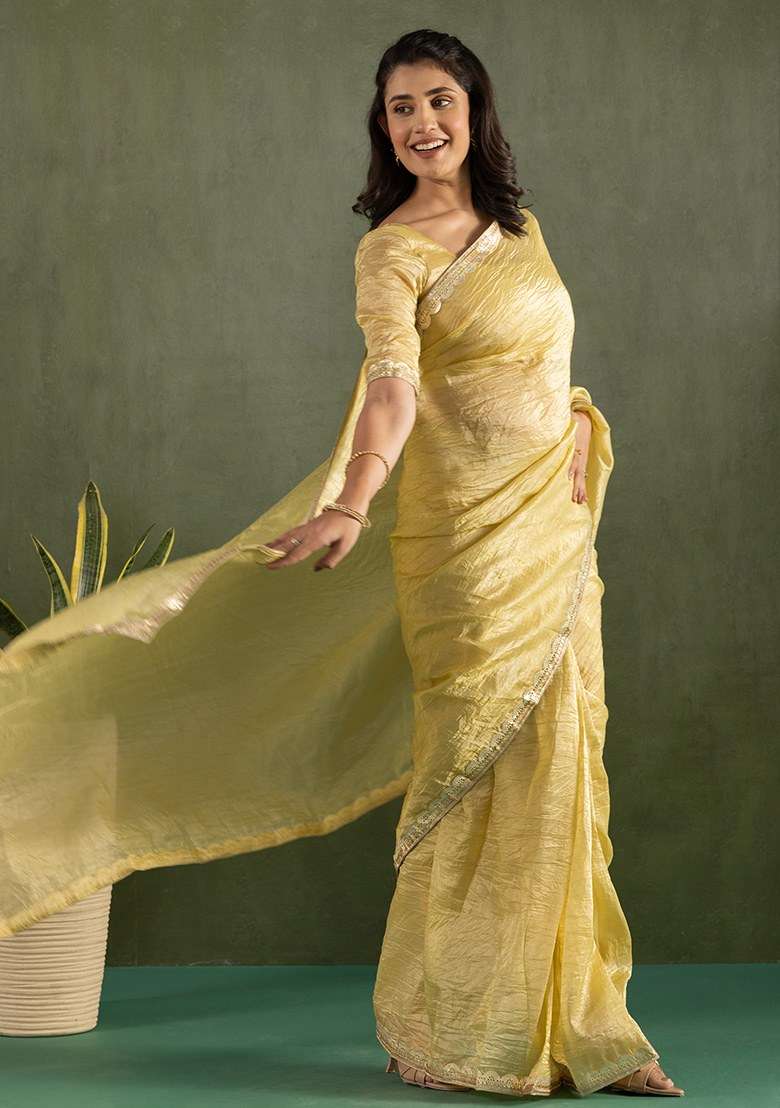 Yellow Embroidered Chiffon Saree Set - Indya
