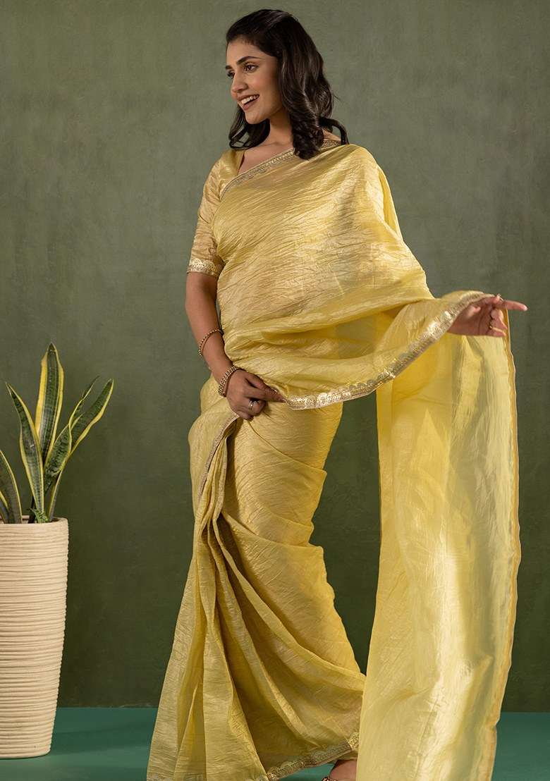 Yellow Embroidered Chiffon Saree Set - Indya