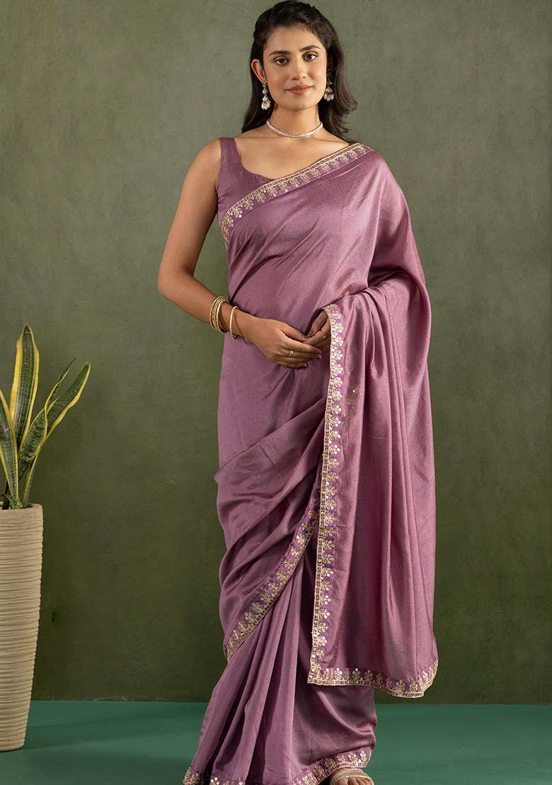 Purple Embroidered Chiffon Saree Set - Indya