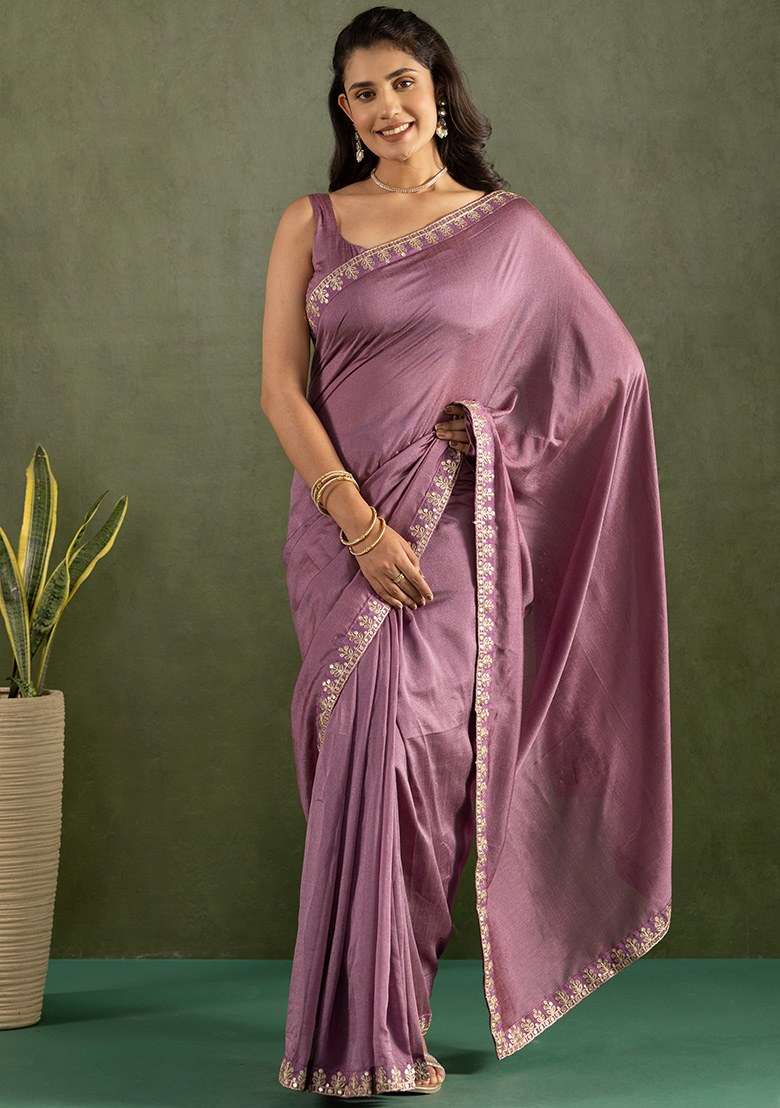 Purple Embroidered Chiffon Saree Set - Indya