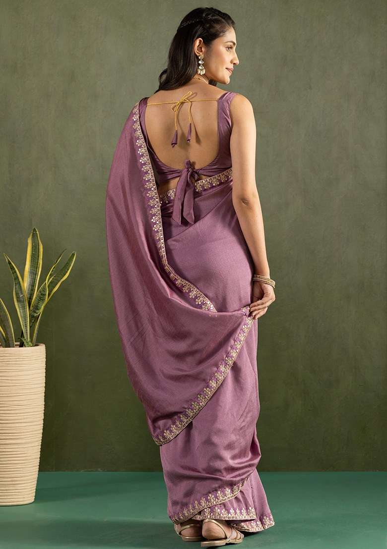 Purple Embroidered Chiffon Saree Set - Indya
