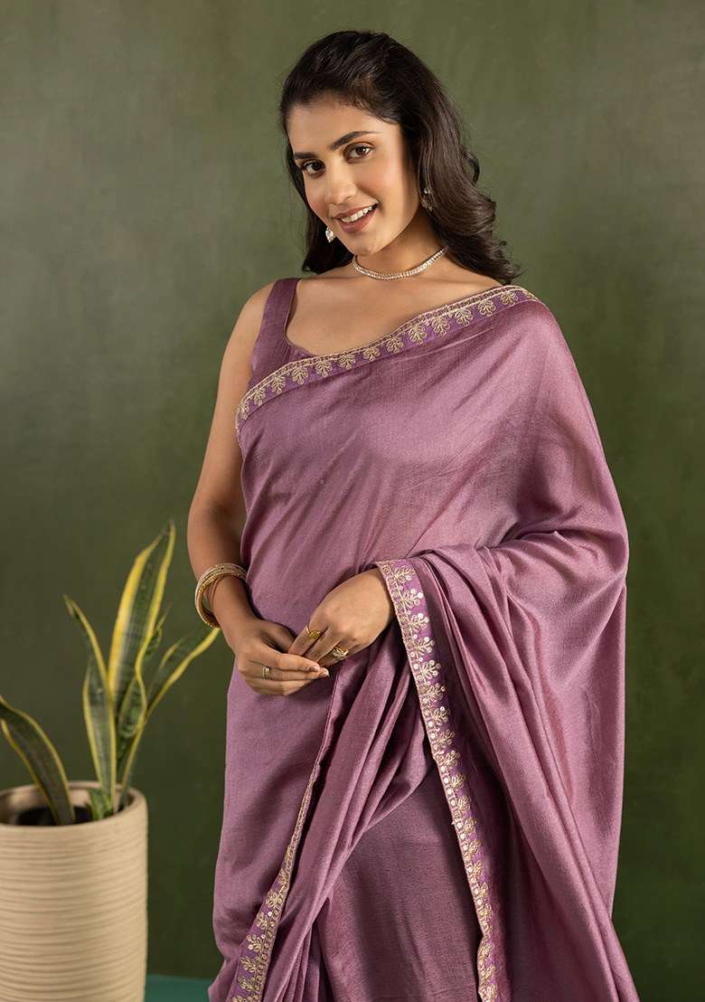 Purple Embroidered Chiffon Saree Set - Indya