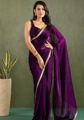Purple Embroidered Chiffon Saree Set