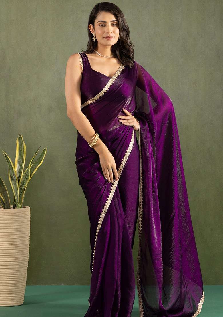 Purple Embroidered Chiffon Saree Set - Indya