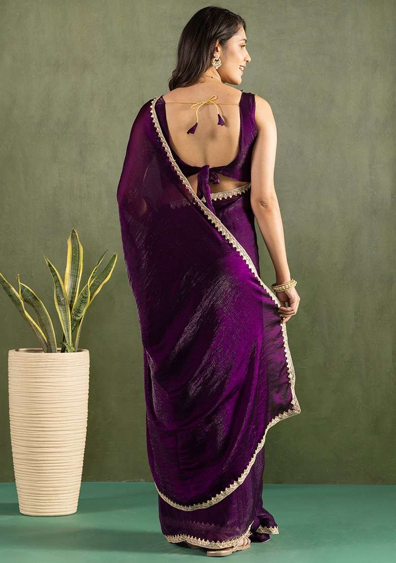Purple Embroidered Chiffon Saree Set - Indya