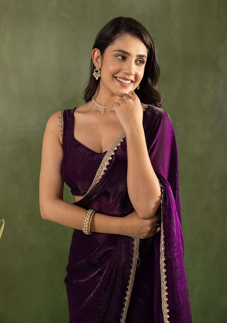 Purple Embroidered Chiffon Saree Set - Indya
