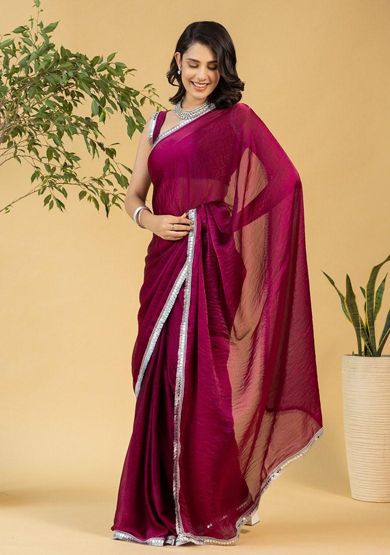 Maroon Embroidered Chiffon Saree Set