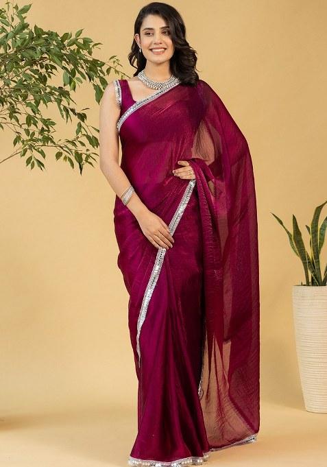 Maroon Embroidered Chiffon Saree Set