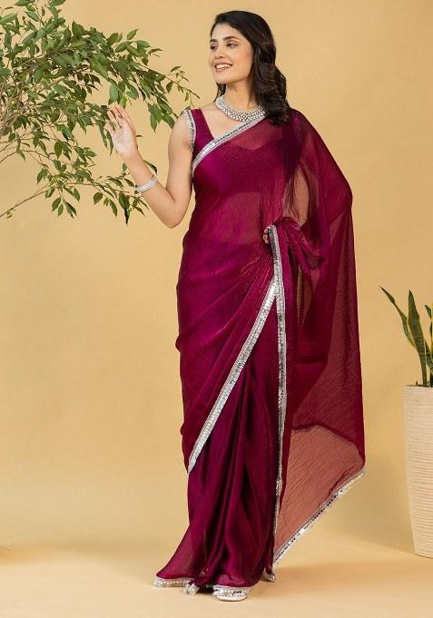Maroon Embroidered Chiffon Saree Set