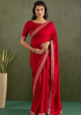 Red Embroidered Chiffon Saree Set