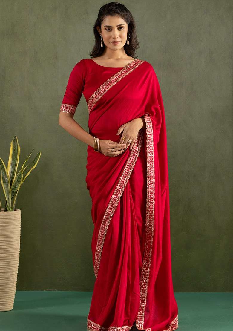 Red Embroidered Chiffon Saree Set - Indya