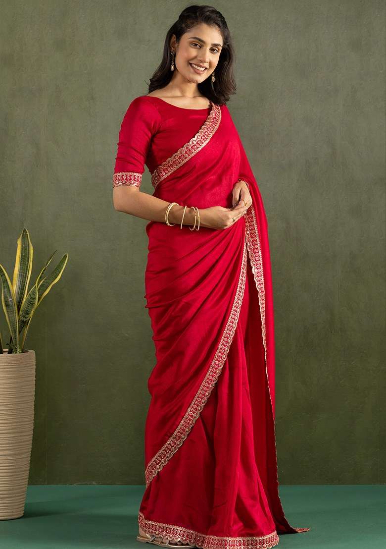 Red Embroidered Chiffon Saree Set - Indya