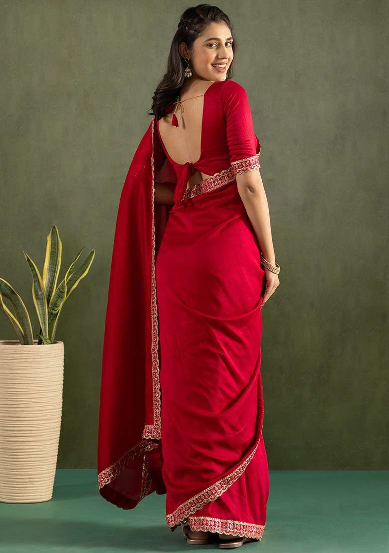 Red Embroidered Chiffon Saree Set - Indya