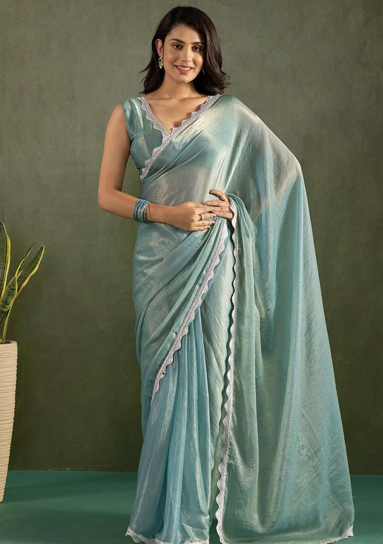 Blue Embroidered Chiffon Saree Set - Indya