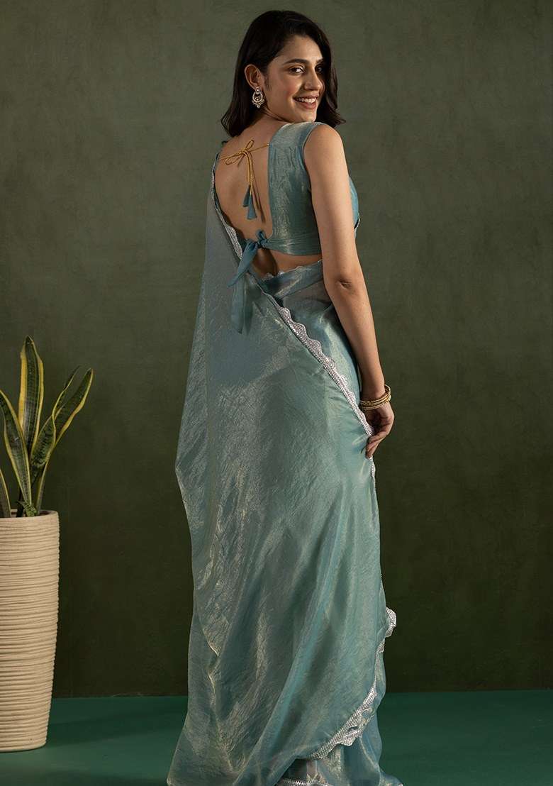 Blue Embroidered Chiffon Saree Set - Indya