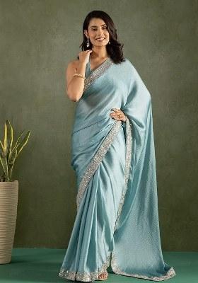 Blue Embroidered Chiffon Saree Set