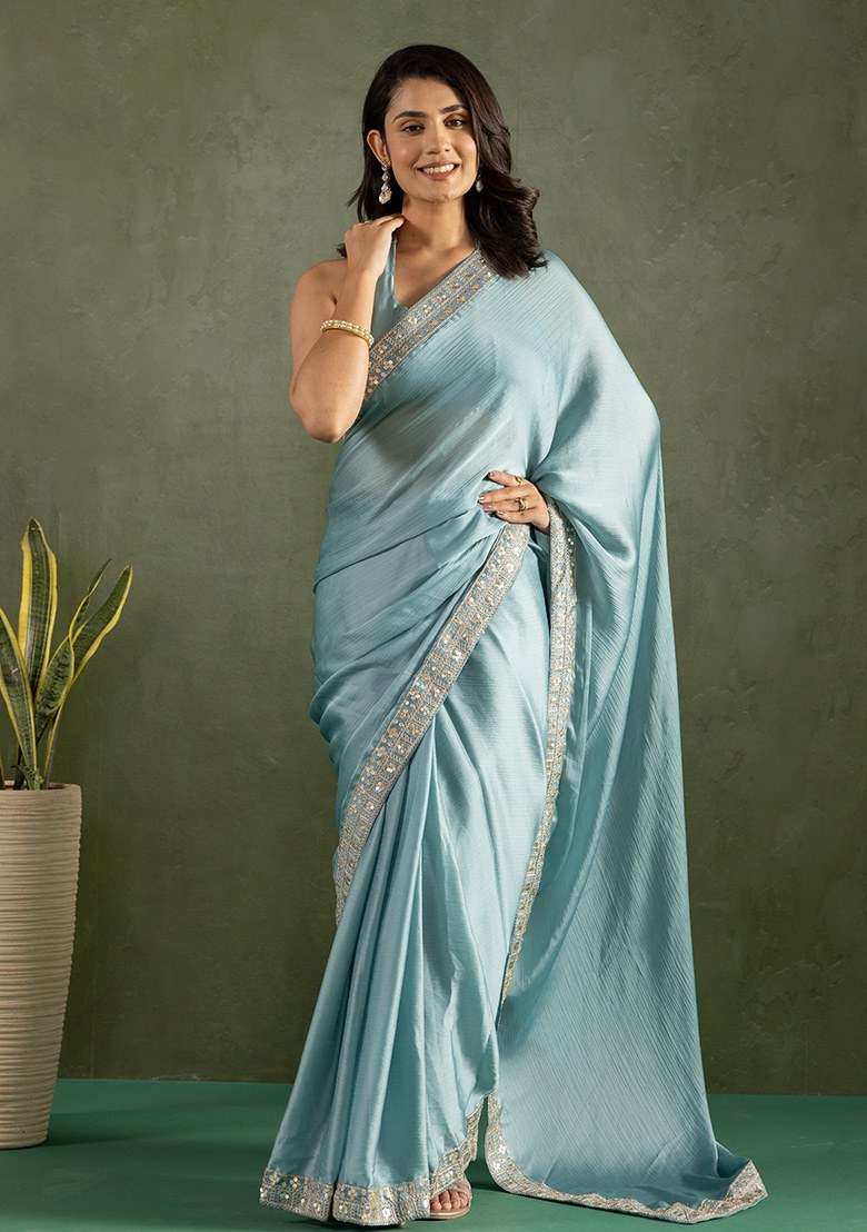 Blue Embroidered Chiffon Saree Set - Indya