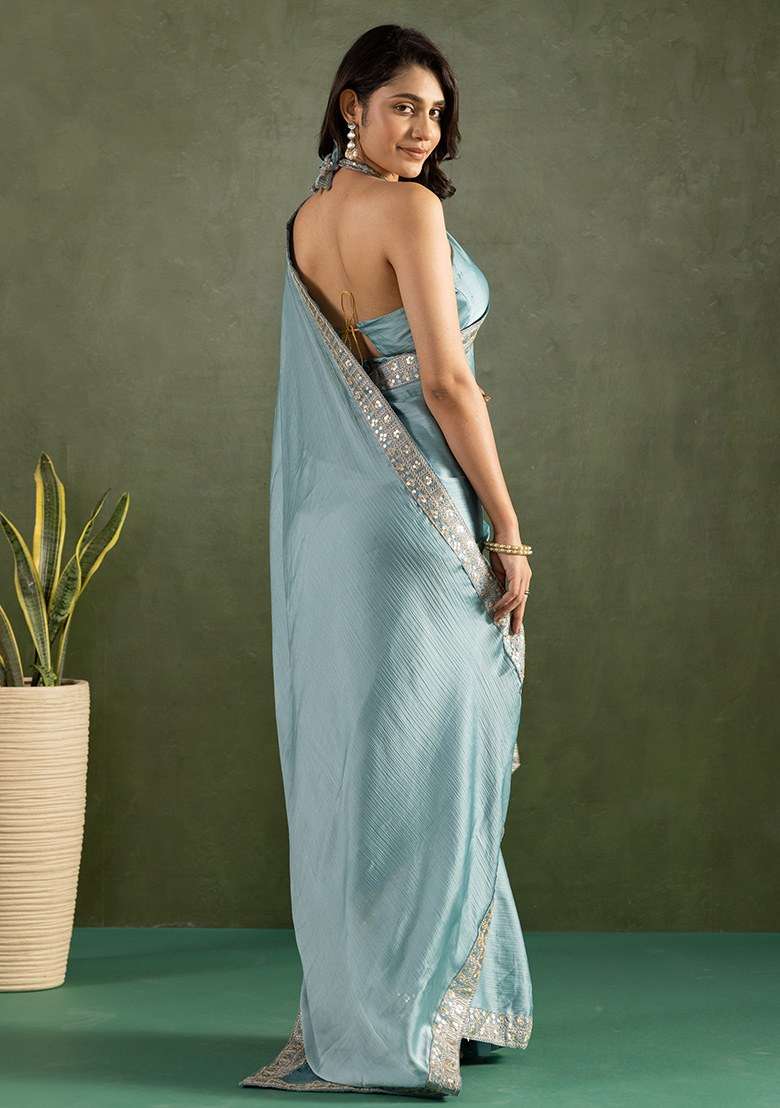 Blue Embroidered Chiffon Saree Set - Indya