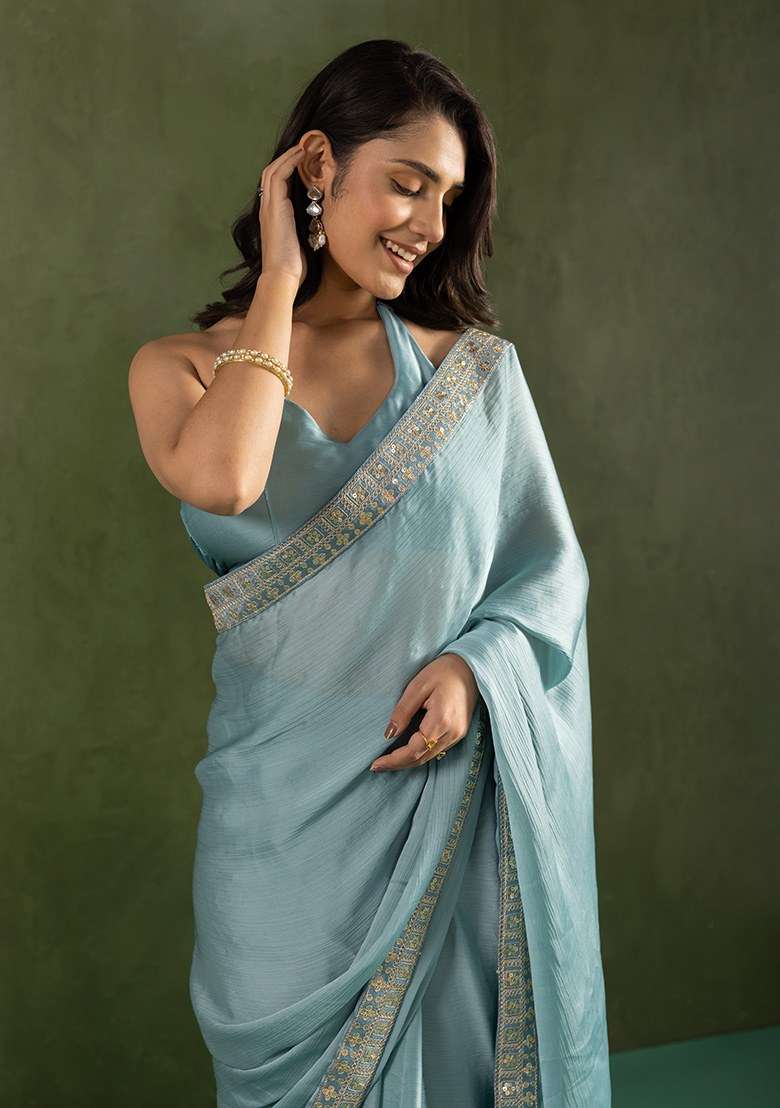Blue Embroidered Chiffon Saree Set - Indya