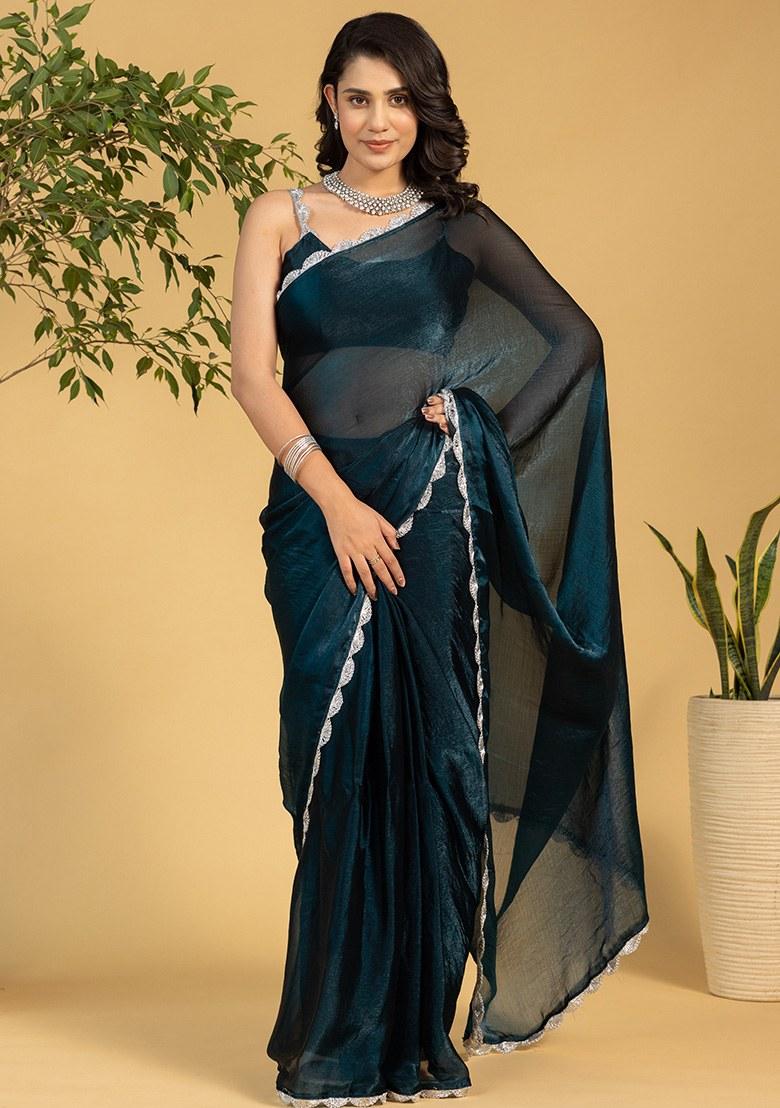 Blue Embroidered Chiffon Saree Set