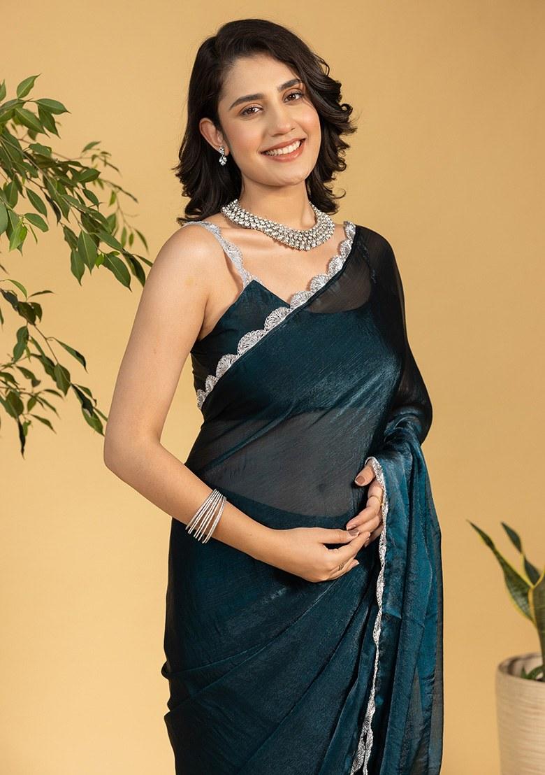 Blue Embroidered Chiffon Saree Set