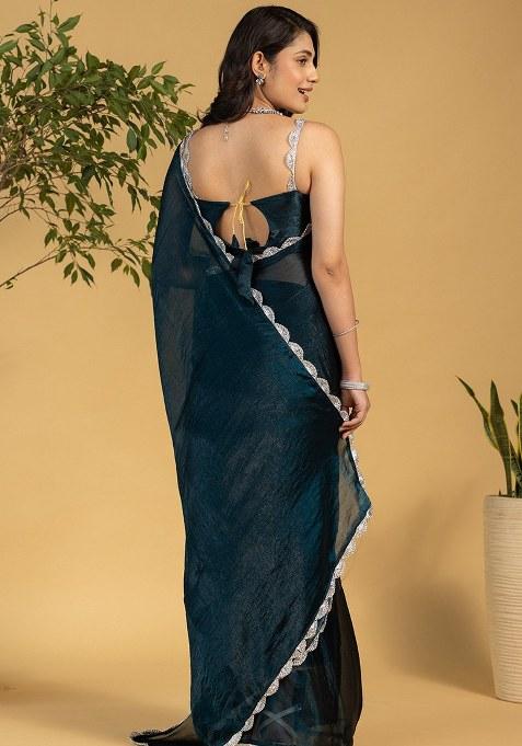 Blue Embroidered Chiffon Saree Set