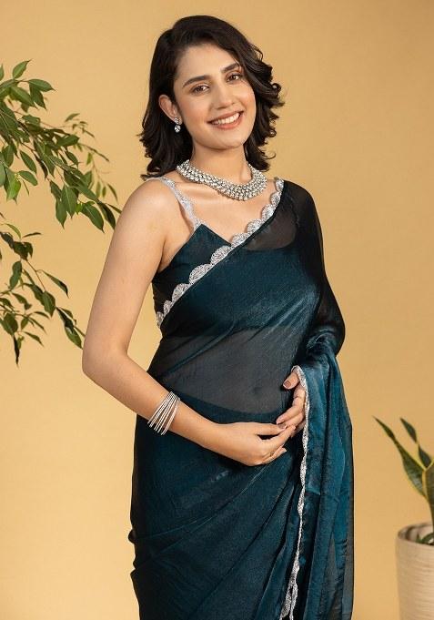 Blue Embroidered Chiffon Saree Set