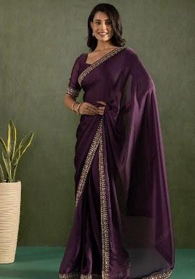 Purple Embroidered Chiffon Saree Set
