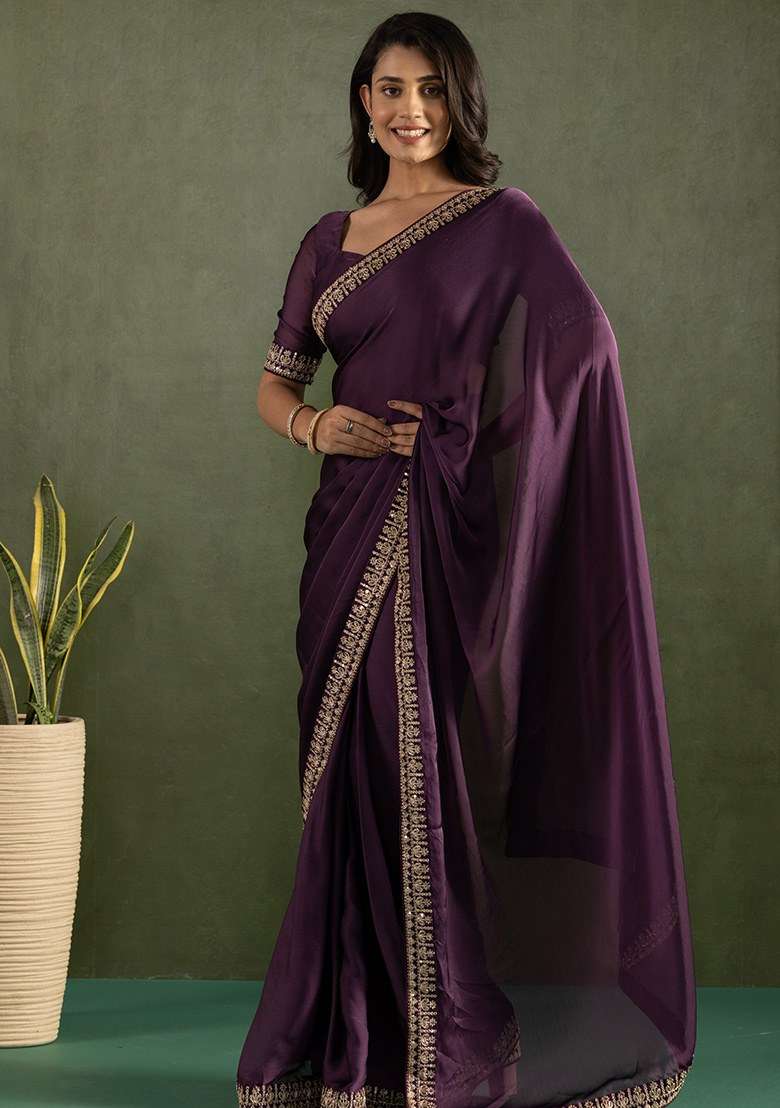 Purple Embroidered Chiffon Saree Set - Indya