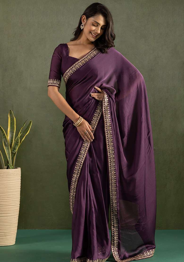 Purple Embroidered Chiffon Saree Set - Indya