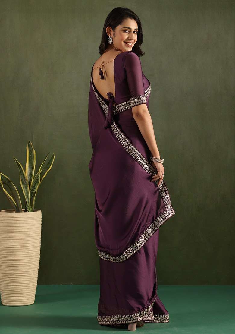 Purple Embroidered Chiffon Saree Set - Indya