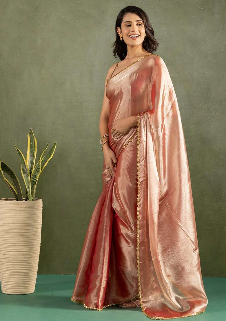 Gold Embroidered Chiffon Saree Set - Indya