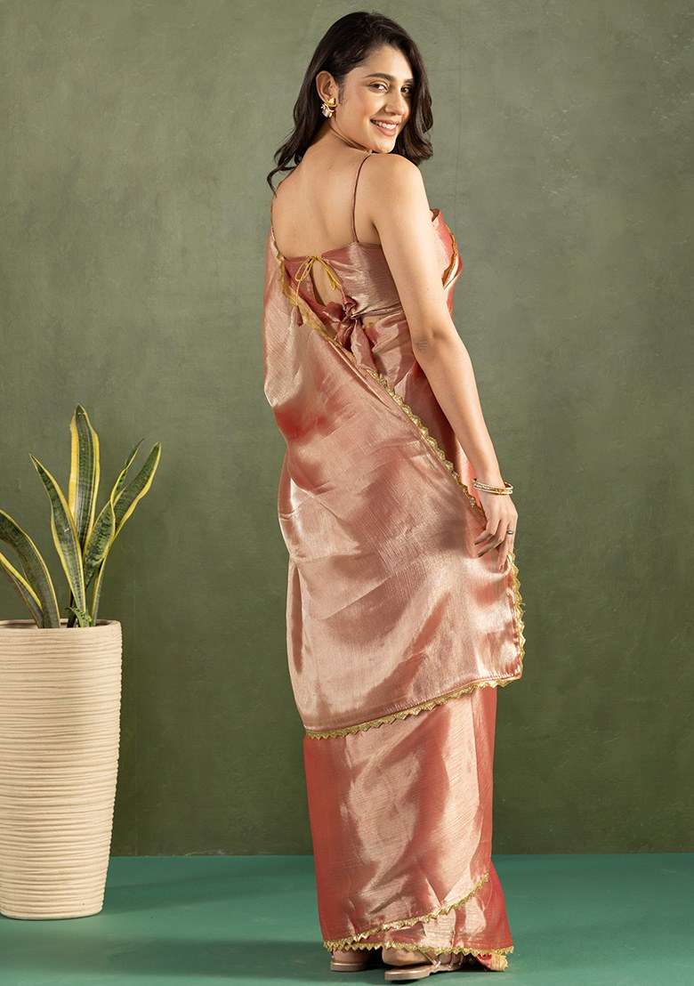 Gold Embroidered Chiffon Saree Set - Indya