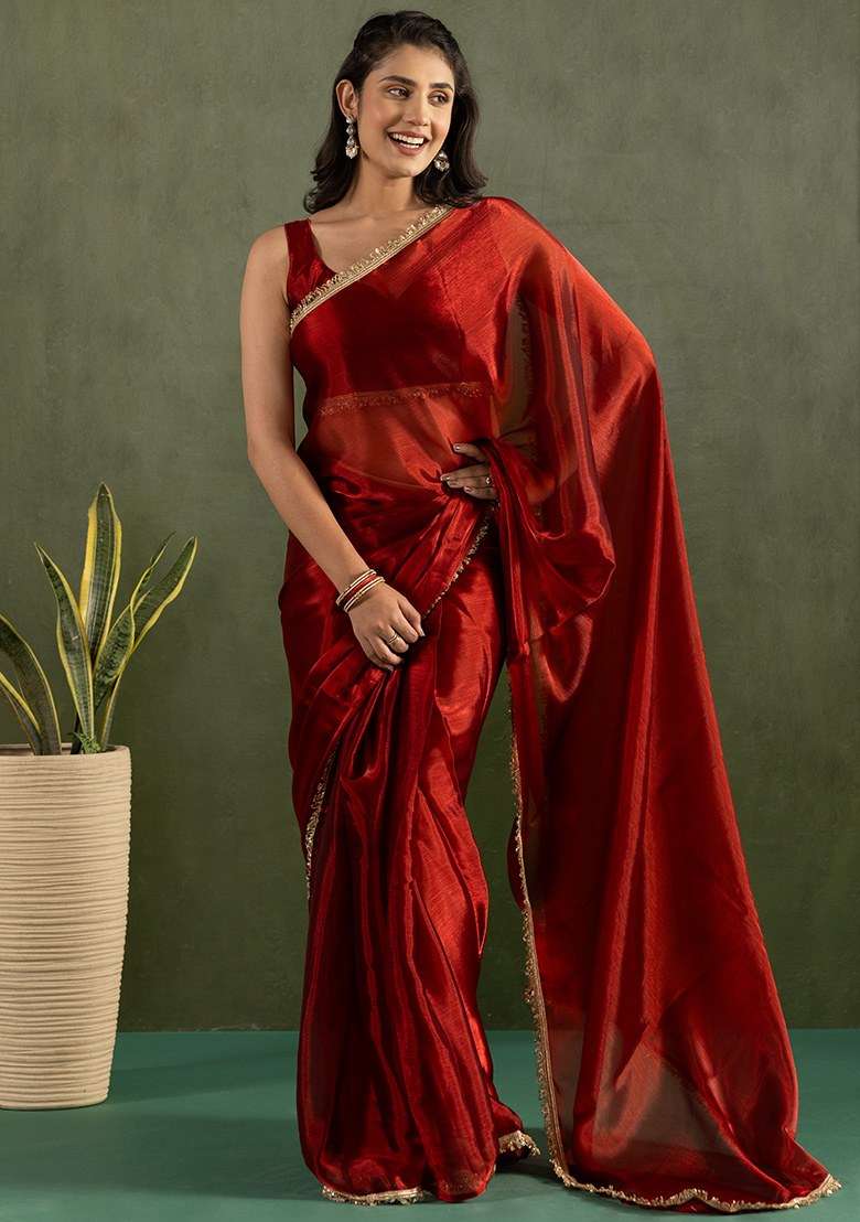 Red Embroidered Chiffon Saree Set - Indya