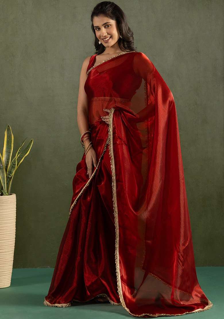 Red Embroidered Chiffon Saree Set - Indya