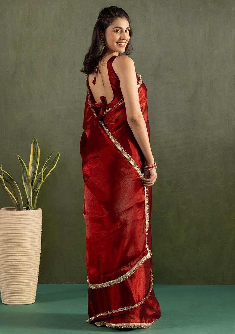 Red Embroidered Chiffon Saree Set - Indya
