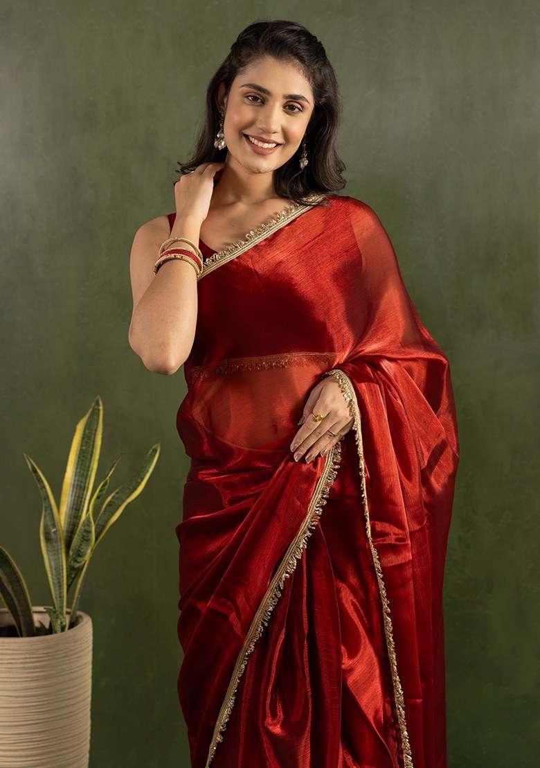 Red Embroidered Chiffon Saree Set - Indya