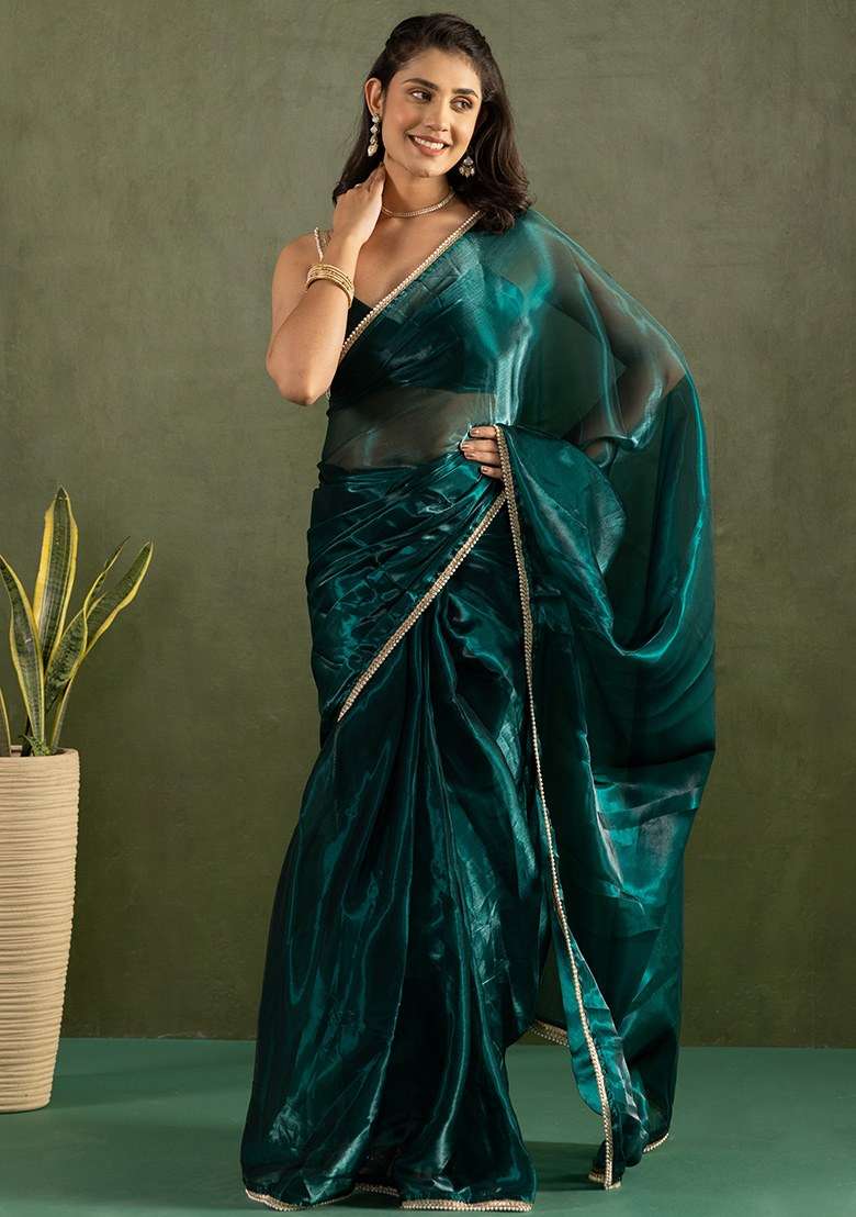 Blue Embroidered Chiffon Saree Set - Indya