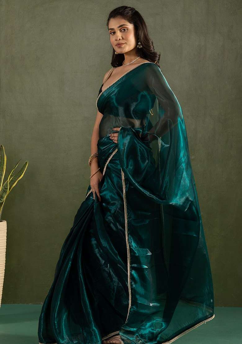 Blue Embroidered Chiffon Saree Set - Indya