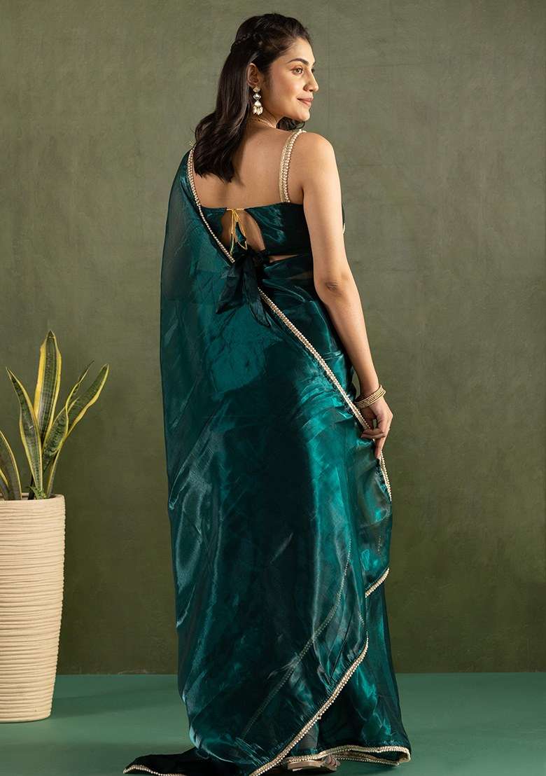 Blue Embroidered Chiffon Saree Set - Indya