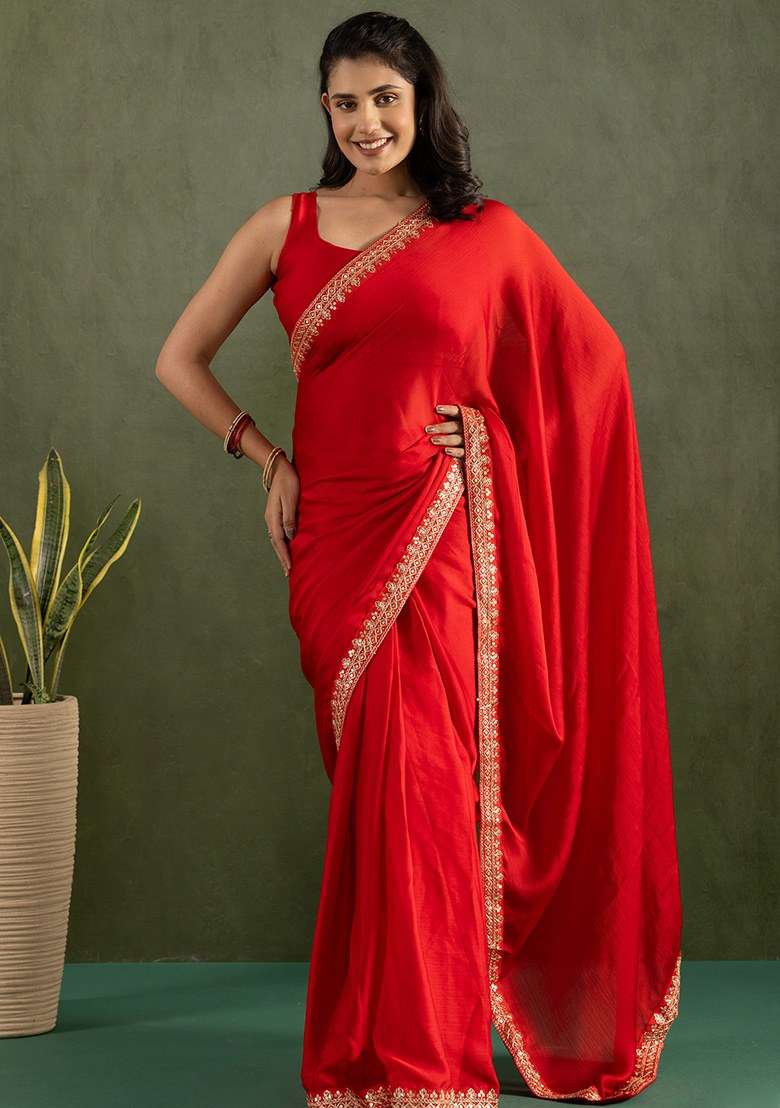 Red Embroidered Chiffon Saree Set - Indya
