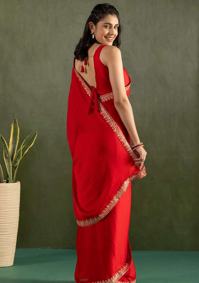 Red Embroidered Chiffon Saree Set - Indya