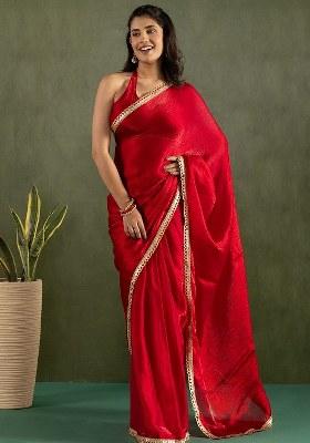 Red Embroidered Chiffon Saree Set